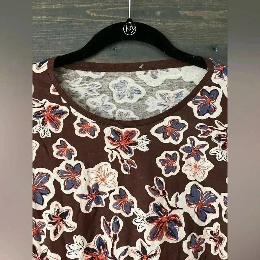 Vintage-Style Floral Print Short Sleeve T-Shirt Brown & Navy Casual Summer A35‎ - Picture 3 of 5